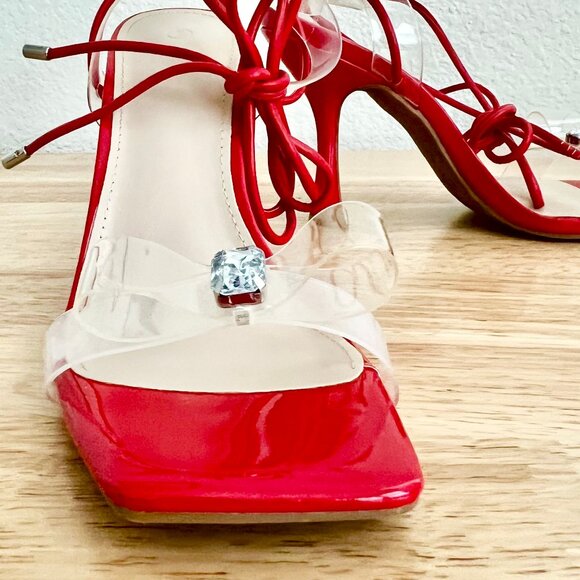 Women's 7 US Red Strappy Lace-Up Ankle Strap Clear Bow Rhinestone Stiletto Heels - Picture 7 of 10
